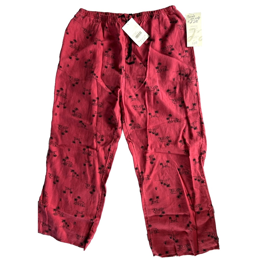 J‎ Jill Pants Womens Large Red Hibiscus Palm Tree Print Elastic Waist Linen NWT